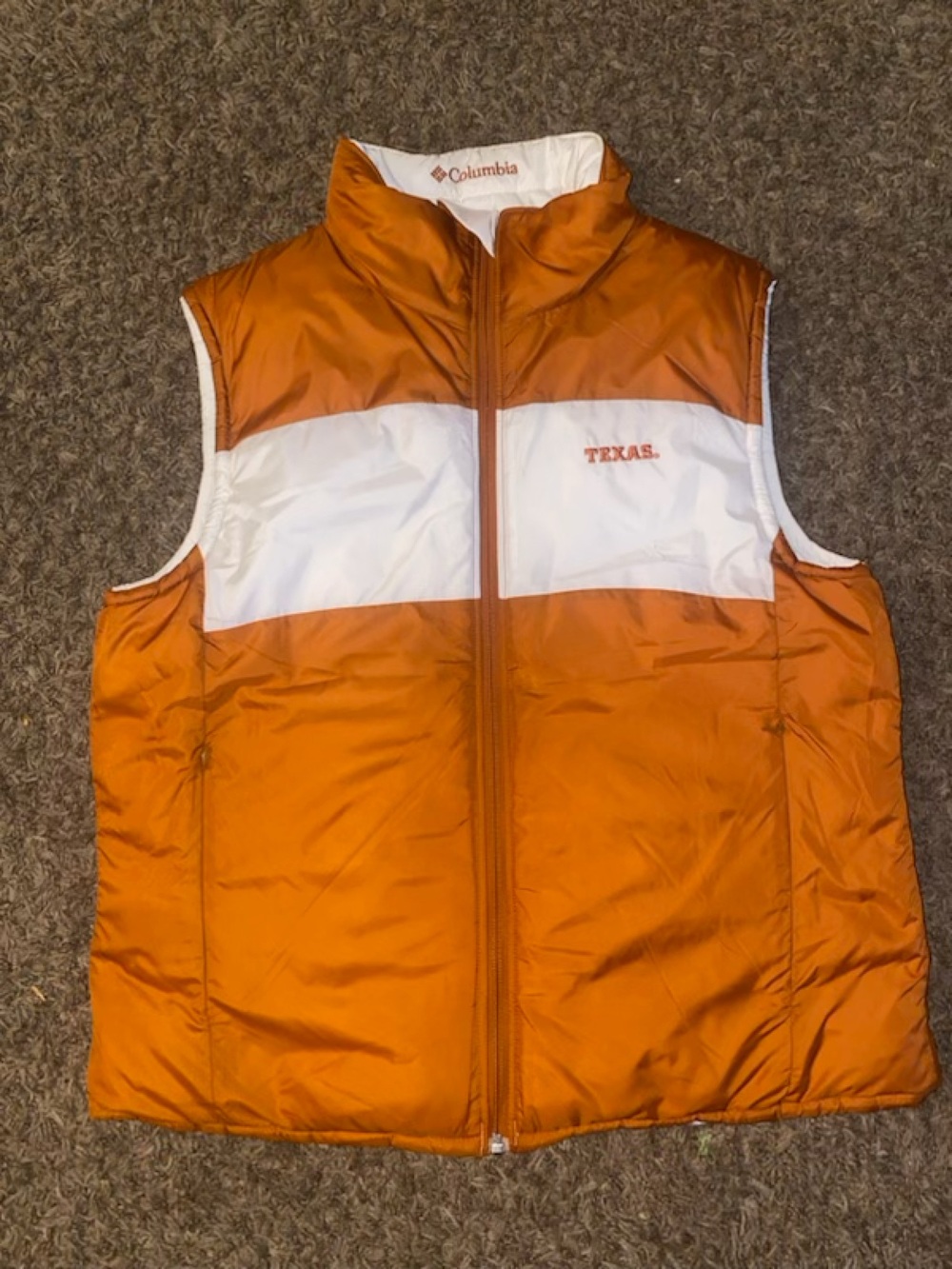 Columbia Orange White Puffer Vest - 'Texas' Chest Logo
